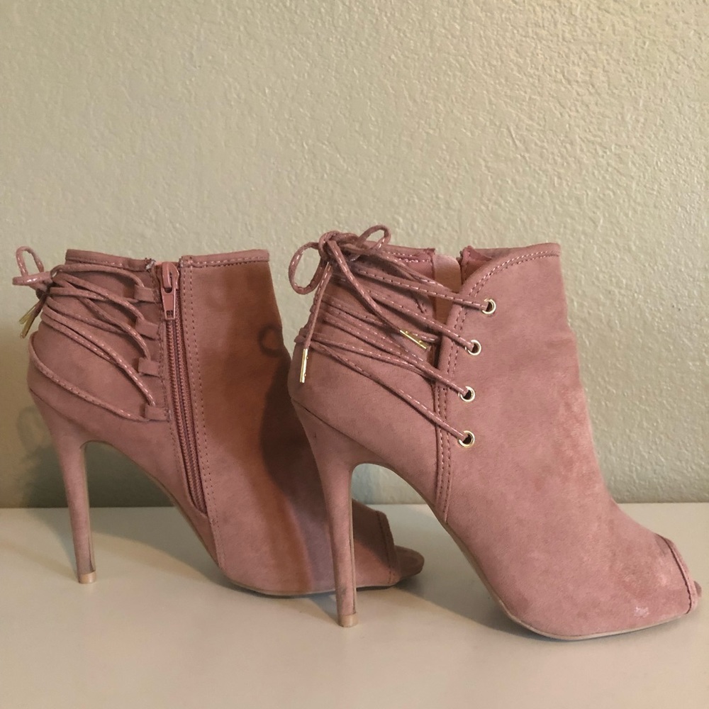 Pink Suede Peep Toe Heels